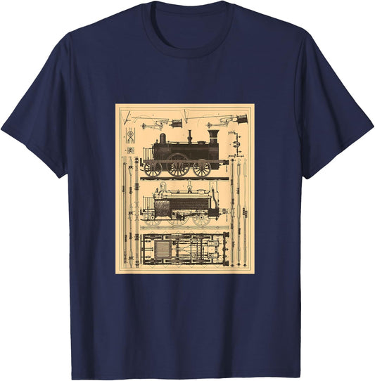 Railroad Locomotive Blueprint T-Shirt - T-Shirt | Navy