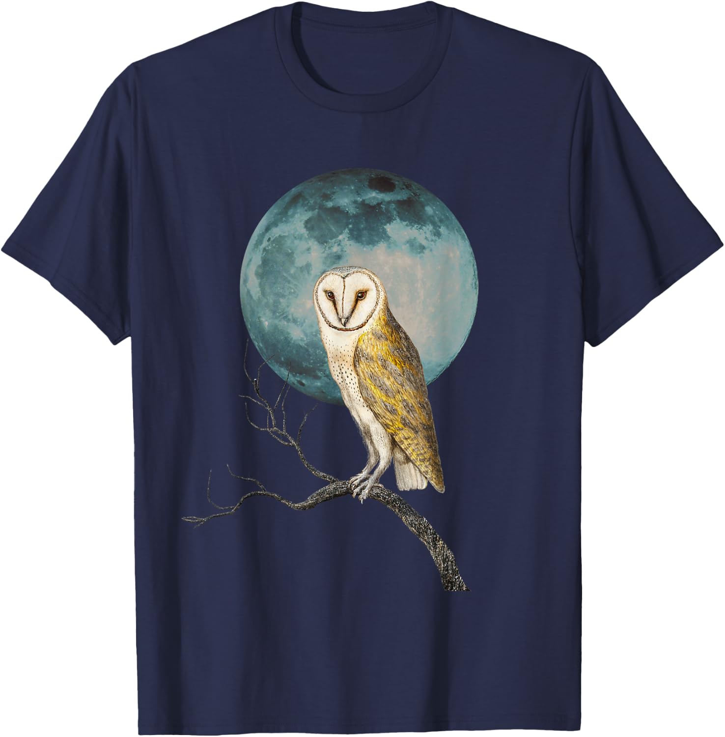 Barn Owl Lover Full Moon Vintage Illustration Birder Graphic T-Shirt - T-Shirt | Navy