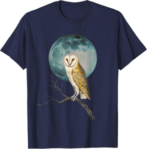 Barn Owl Lover Full Moon Vintage Illustration Birder Graphic T-Shirt - T-Shirt | Navy