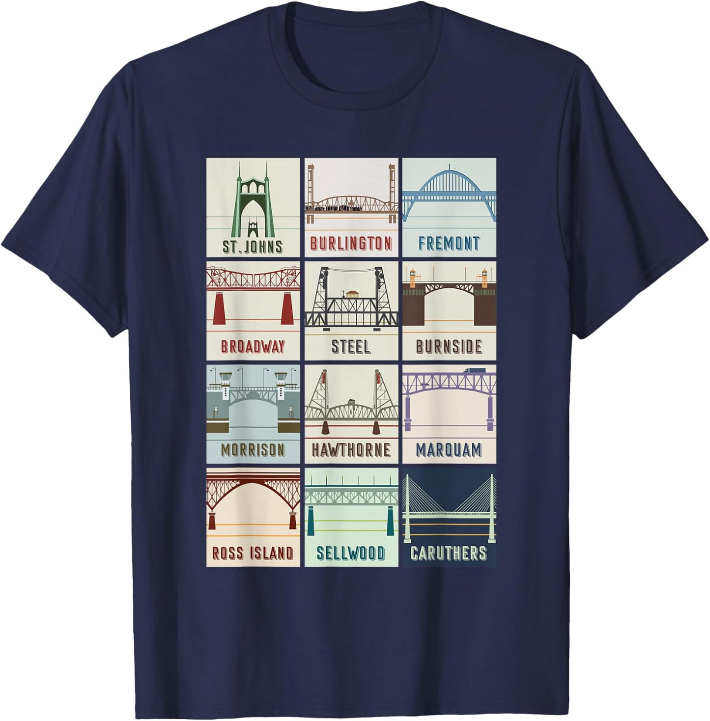 Vintage Bridges Of Portland Oregon , Black T-Shirt - T-Shirt | Navy
