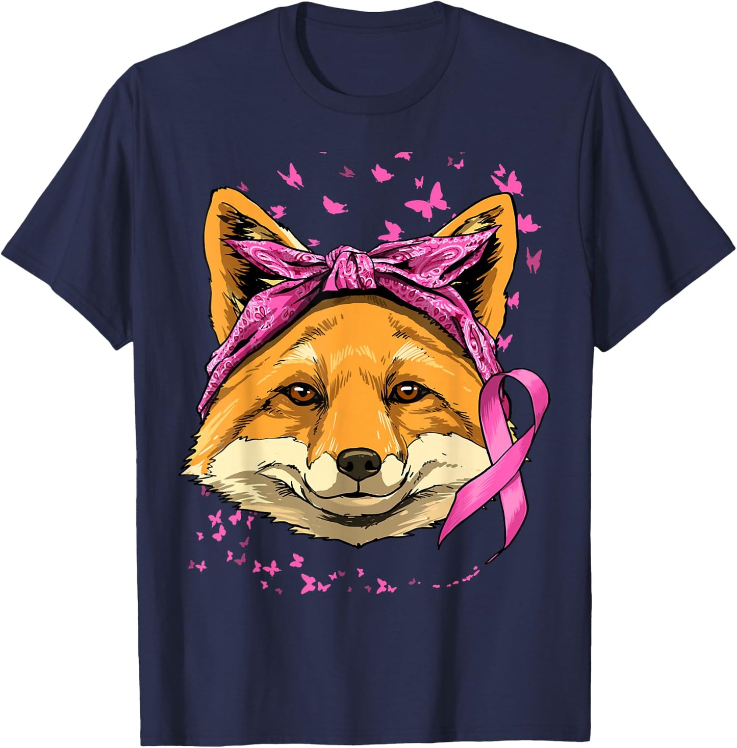 Fox Breast Cancer Awareness Pink Ribbon Cancer Survivor T-Shirt - T-Shirt | Navy