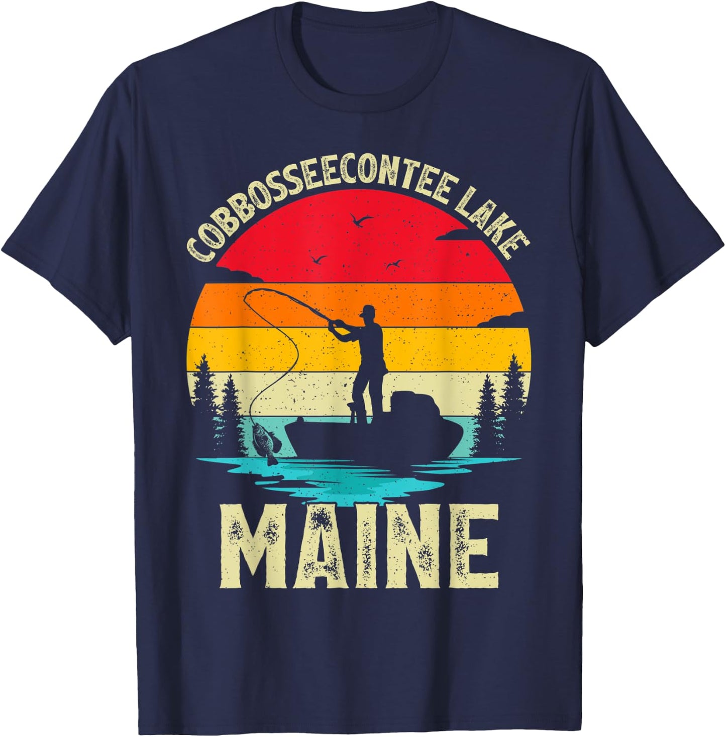 Summer Vacation Fishing Vintage Maine Cobbosseecontee Lake Men Women Kids T-Shirt - T-Shirt | Navy