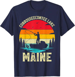 Summer Vacation Fishing Vintage Maine Cobbosseecontee Lake Men Women Kids T-Shirt - T-Shirt | Navy