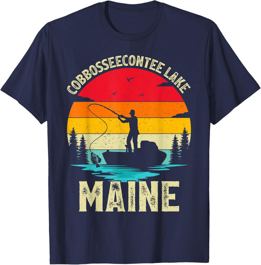 Summer Vacation Fishing Vintage Maine Cobbosseecontee Lake Men Women Kids T-Shirt - T-Shirt | Navy