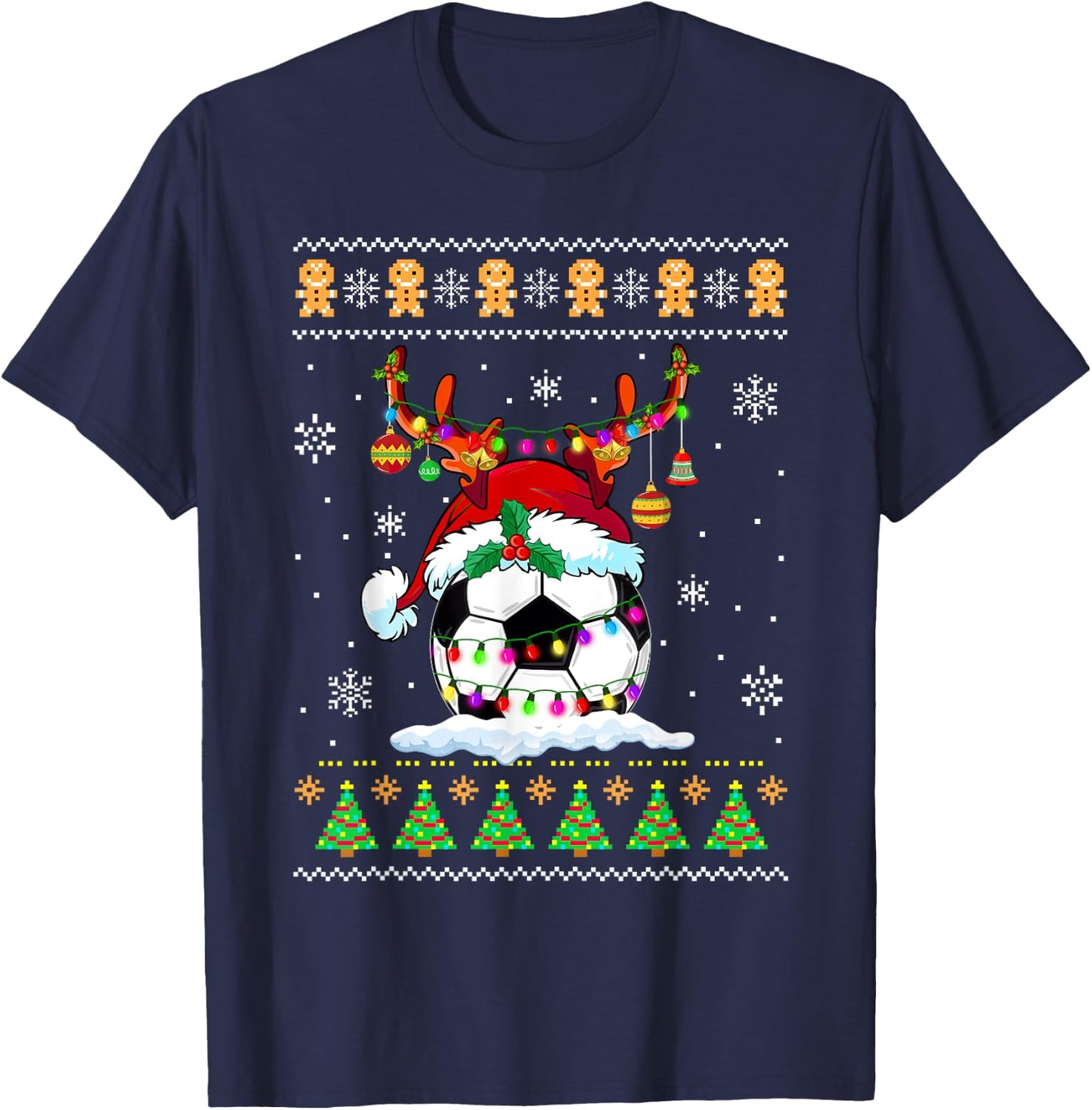 Soccer Ball Reindeer Santa Hat Ugly Sweater Xmas Lights T-Shirt - T-Shirt | Navy