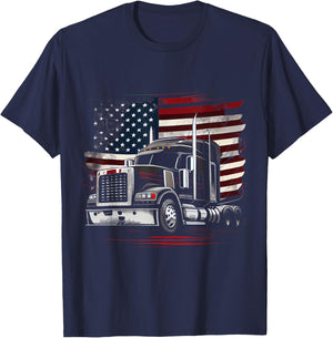 US American Flag Truck Driver 18 Wheeler Trucker Gift T-Shirt - T-Shirt | Navy