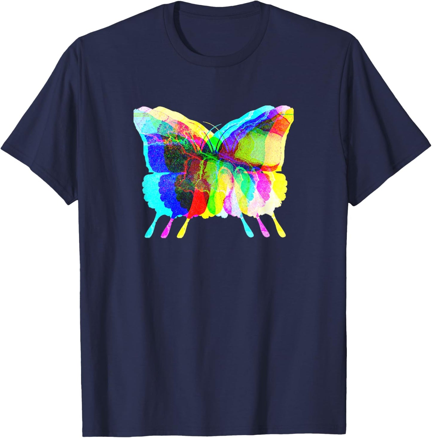 Fly and Flourish Psychedelic Rorschach Rainbow Butterfly T-Shirt - T-Shirt | Navy