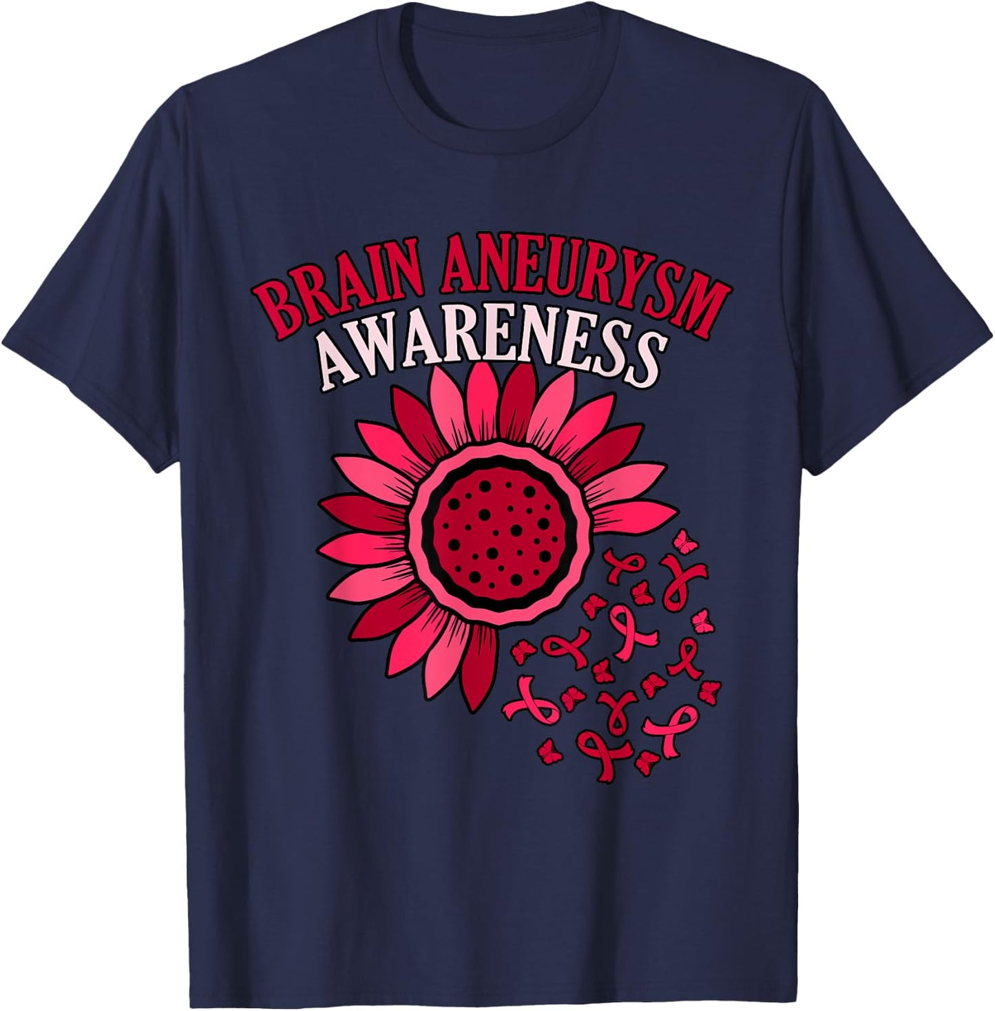 Flower Ribbon Brain Aneurysm Awareness Month Support Graphic T-Shirt - T-Shirt | Navy