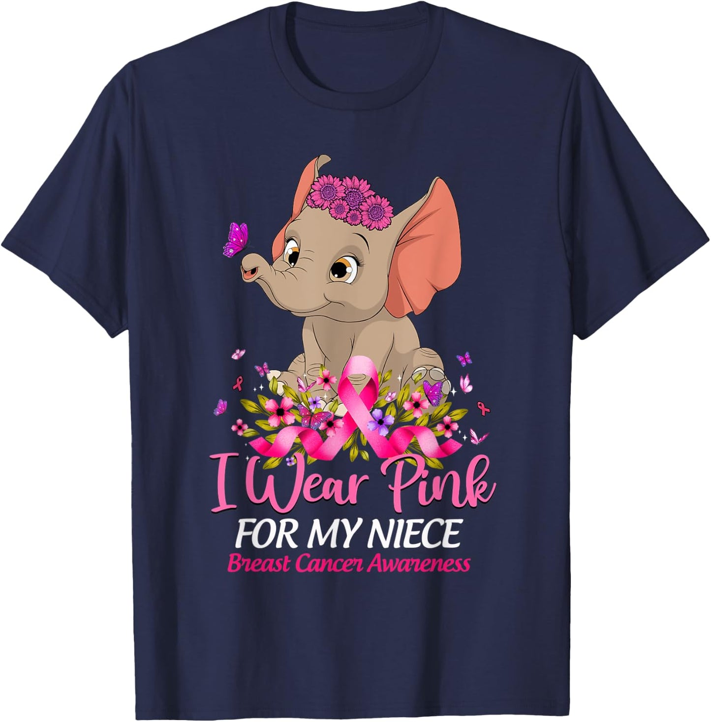 Breast Cancer Awareness Elephant I Wear Pink For My Niece T-Shirt - T-Shirt | Navy