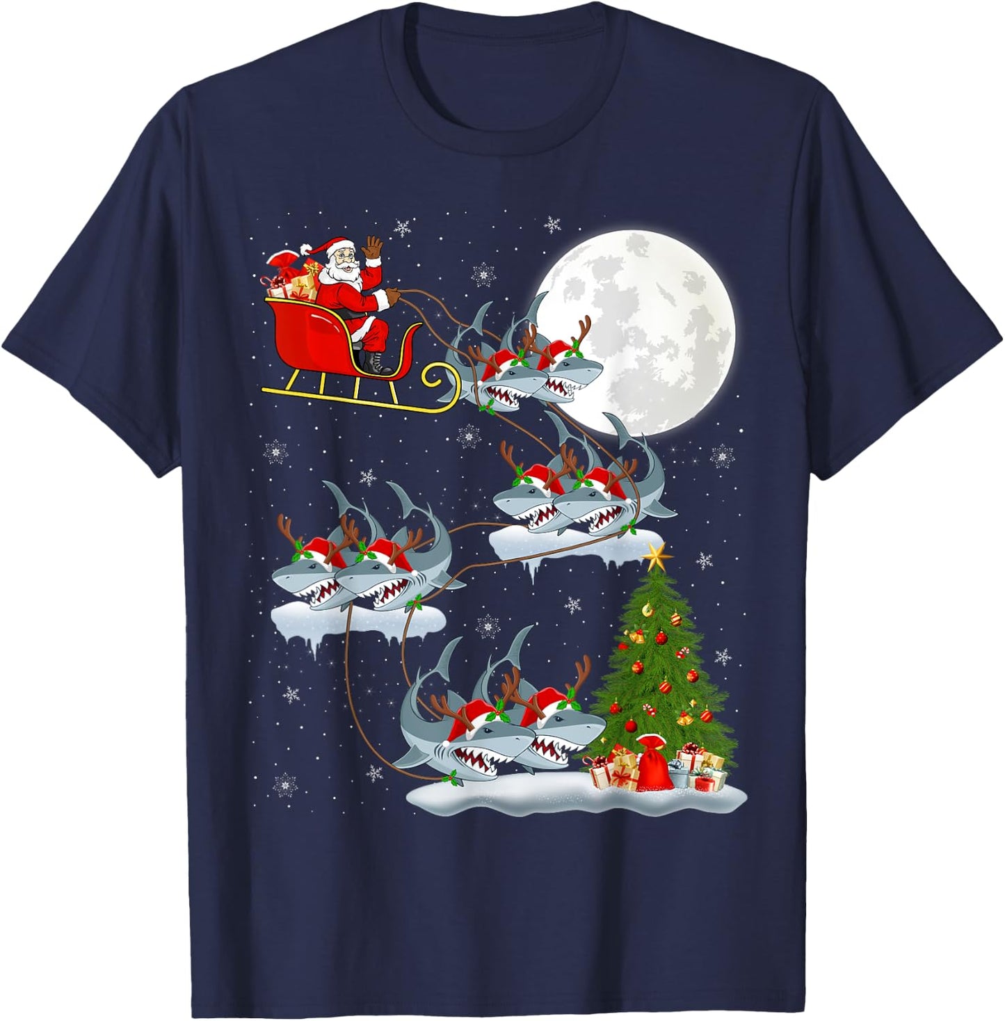 Xmas Lighting Tree Santa Riding Great White Shark Christmas T-Shirt - T-Shirt | Navy