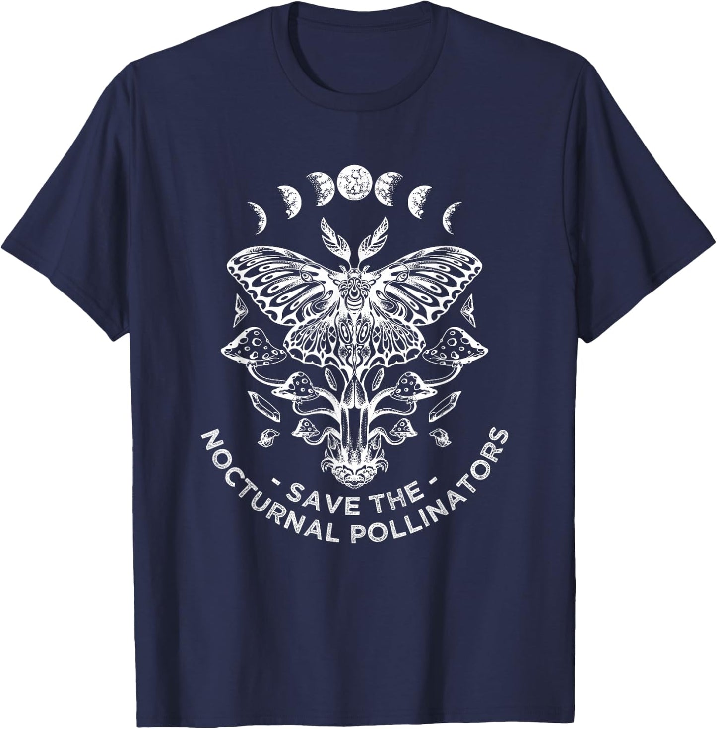 Save The Nocturnal Pollinators Moon Phase Ecology Moth Wings T-Shirt - T-Shirt | Navy