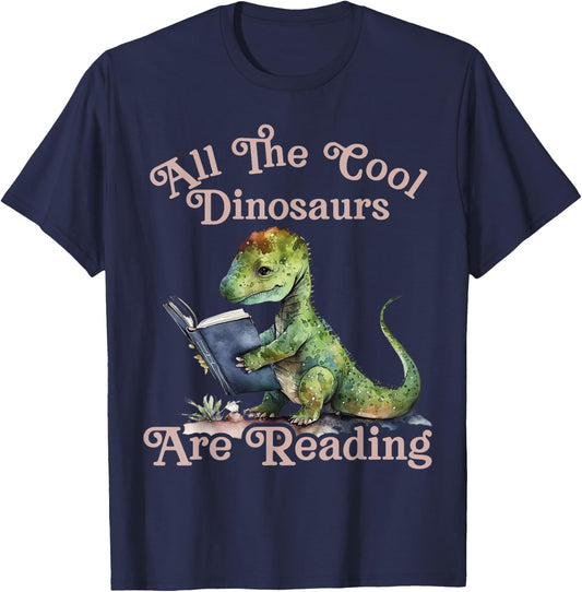 All The Cool dinosaurs Are Reading Dinosaur Teacher T-Shirt - T-Shirt | Navy