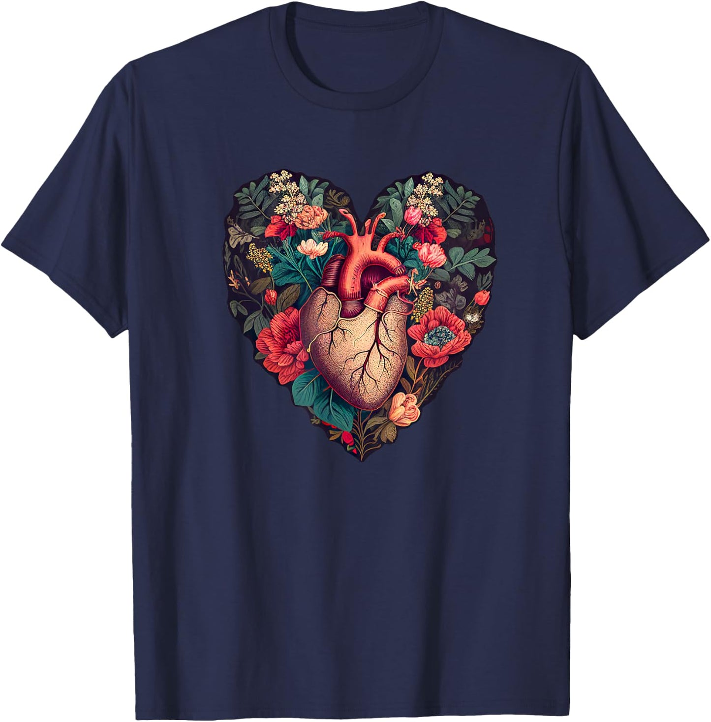 Vintage Anatomical Heart with Flowers for Dark Academia Gift T-Shirt - T-Shirt | Navy