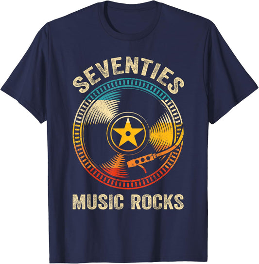 Seventies Music Rocks Shirt Retro 70's Vintage Records T-Shirt - T-Shirt | Navy