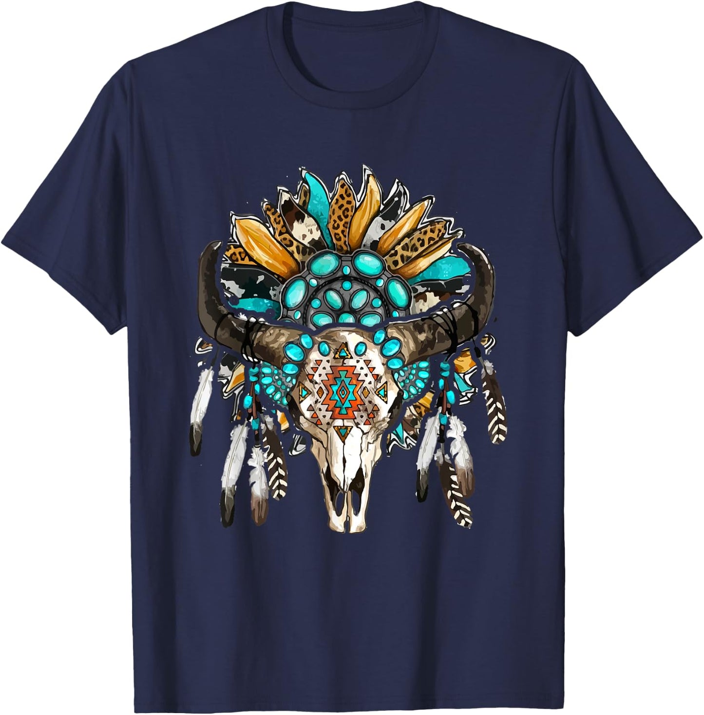 Western Boho Sunflowers Turquoise Cow Bull Skull T-Shirt - T-Shirt | Navy