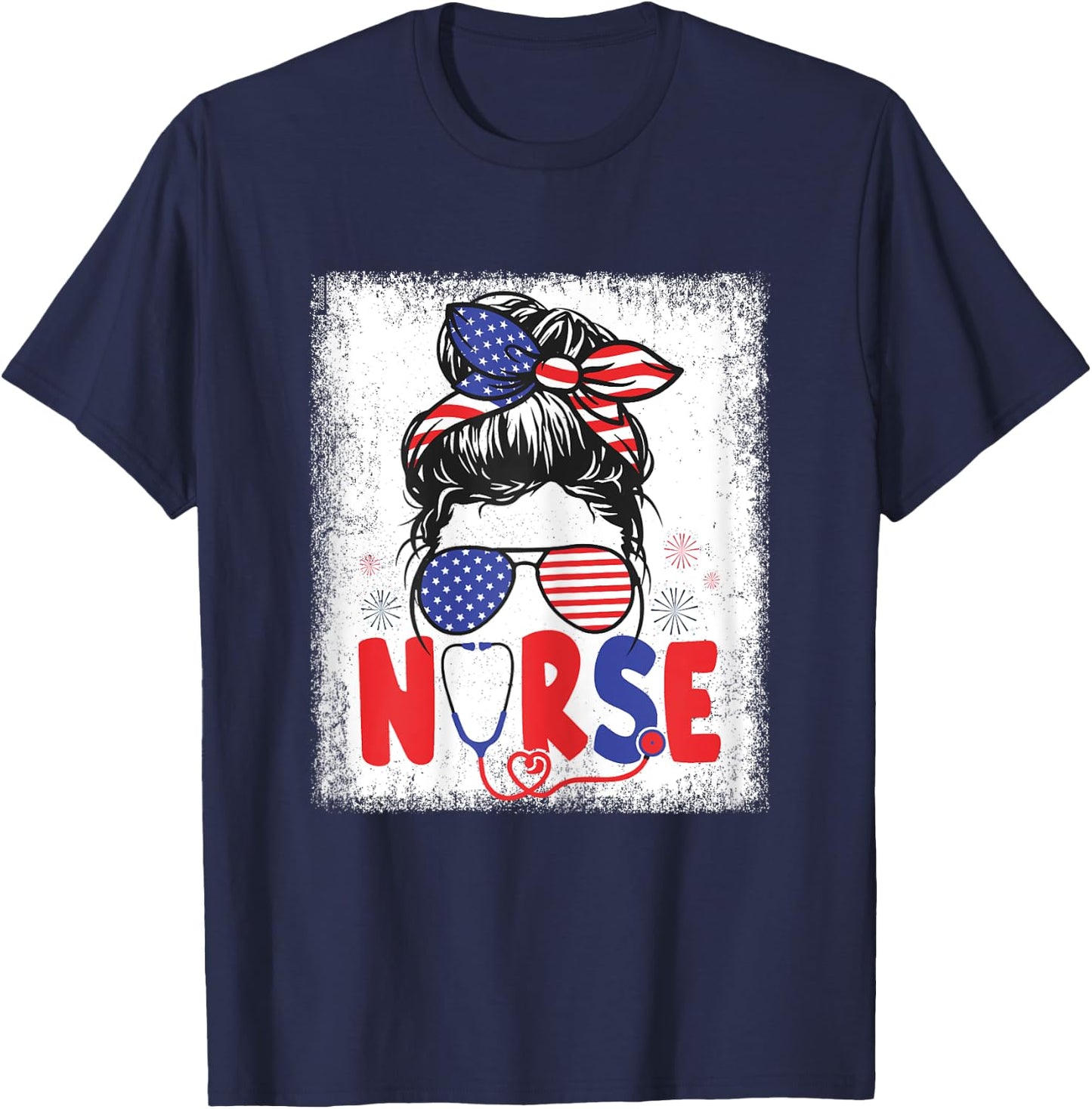 Patriotic Nurse Messy Bun 4th Of July American Flag Nurses T-Shirt - T-Shirt | Navy