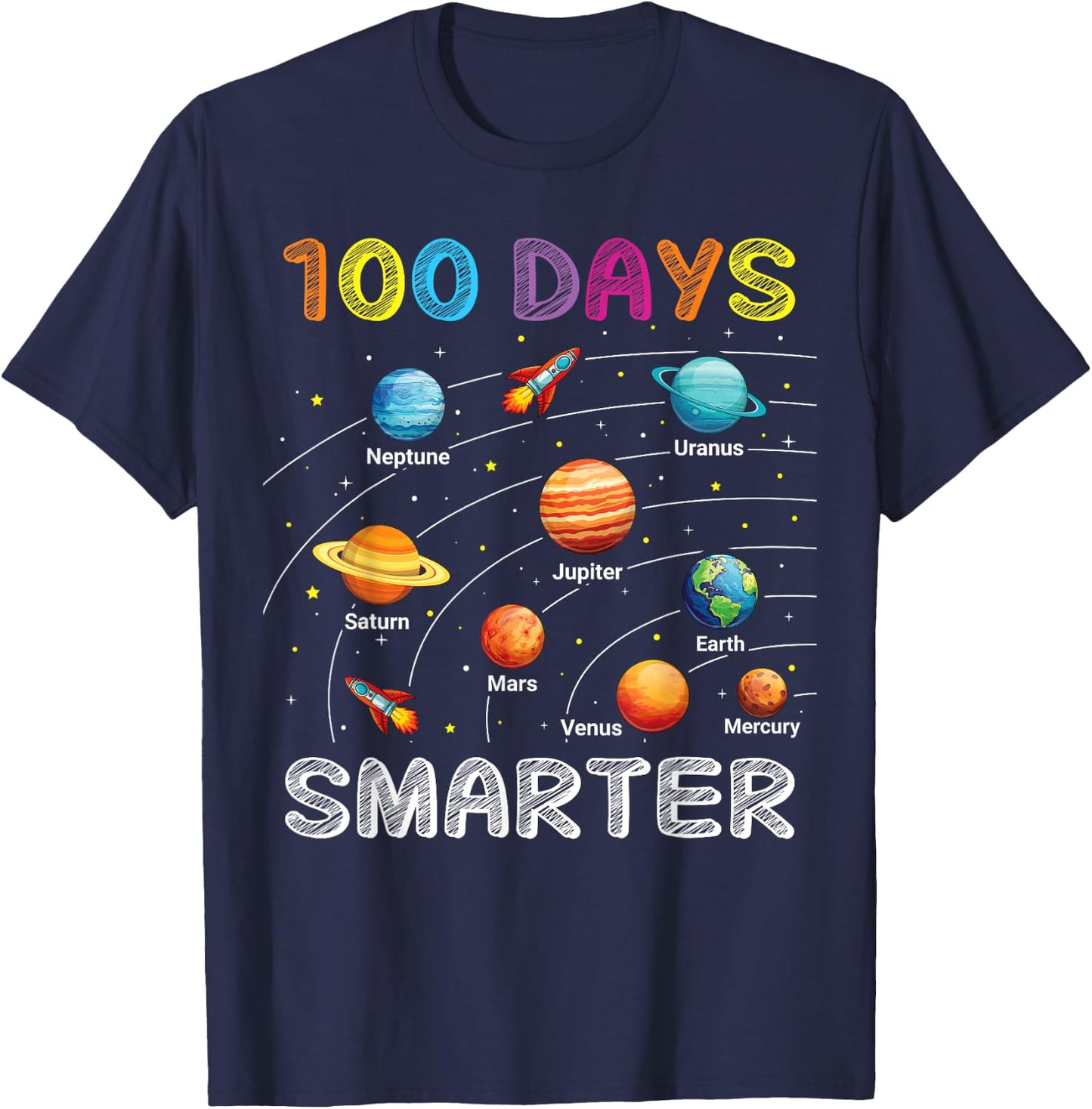 100 Days of School Astronaut Space Planets 100 Days Smarter T-Shirt - T-Shirt | Navy