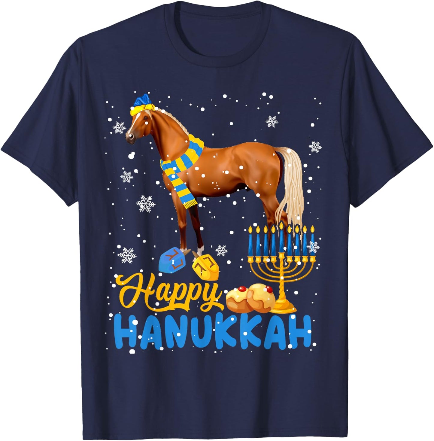 Happy Hanukkah Cute Hanukkah Horse Menorah Jewish Proud T-Shirt - T-Shirt | Navy