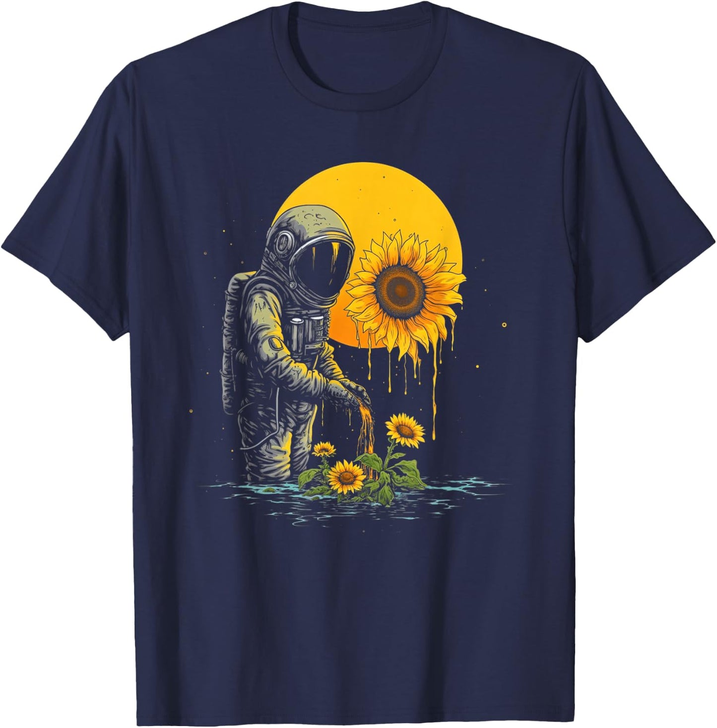 Cool Astronaut & Sunflowers | Surreal EDM Sci-Fi Space #2 T-Shirt - T-Shirt | Navy