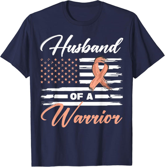 Husband Of A Warrior USA Flag Endometrial Cancer Awareness Kids Men T-Shirt - T-Shirt | Navy
