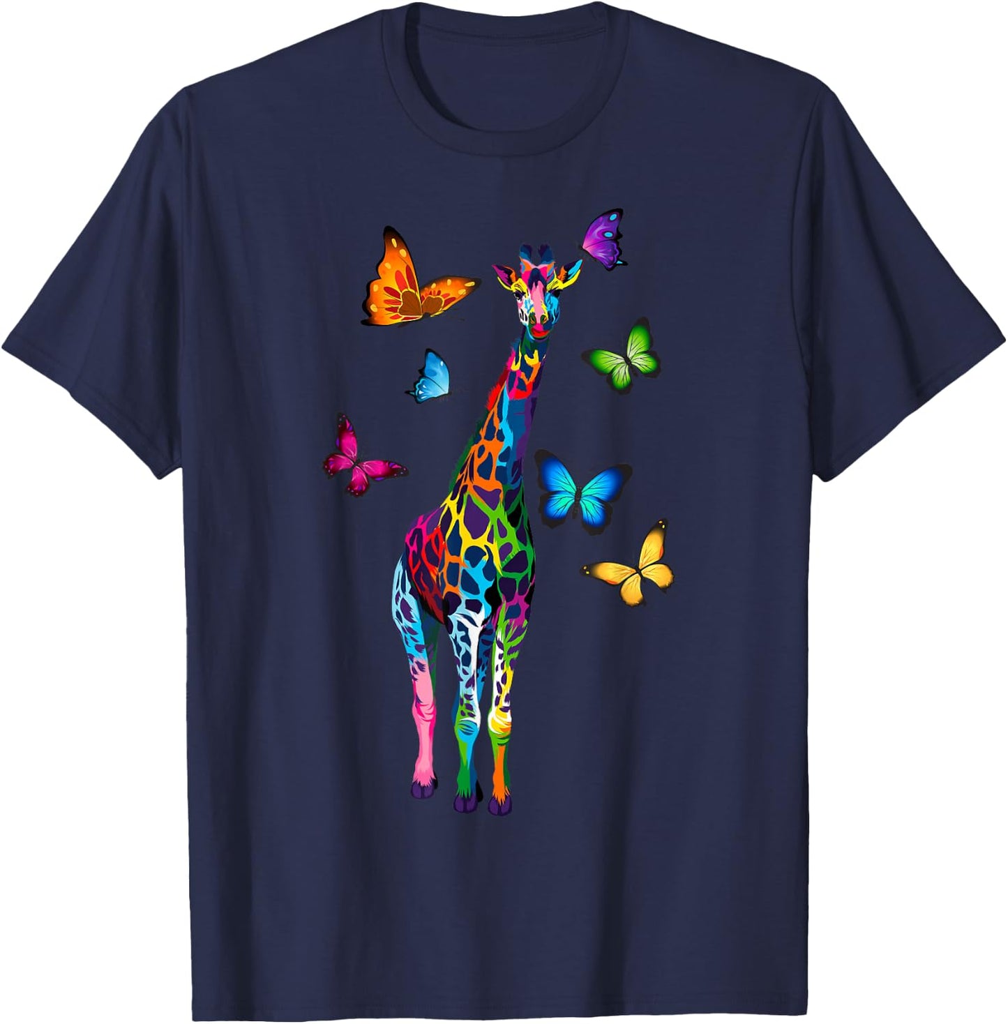 colored giraffe colorful butterflies giraffe Lovers T-Shirt - T-Shirt | Navy