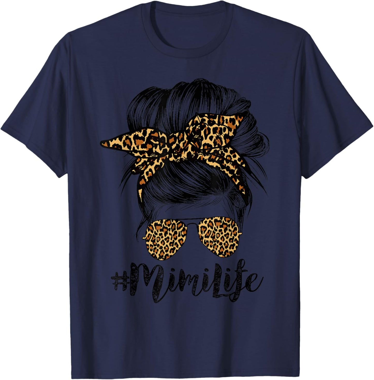 Mimi Life Hair Bandana Glasses Leopard Print Mother's Day T-Shirt - T-Shirt | Navy
