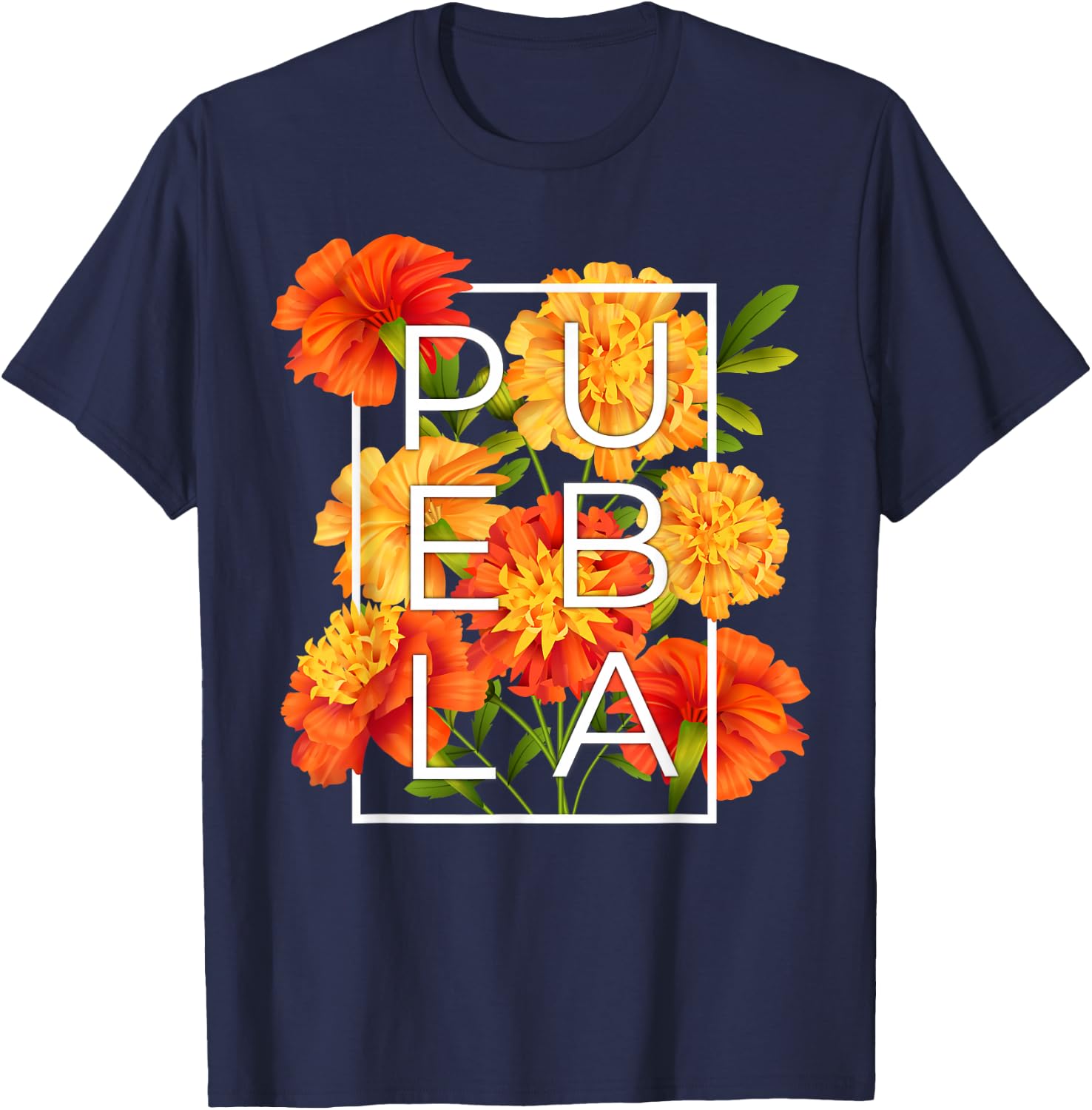 Flowers of Puebla Word Art - Poblano Pride T-Shirt - T-Shirt | Navy