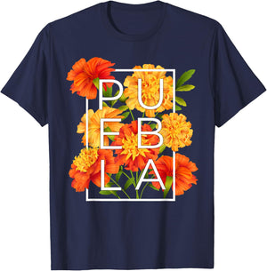 Flowers of Puebla Word Art - Poblano Pride T-Shirt - T-Shirt | Navy