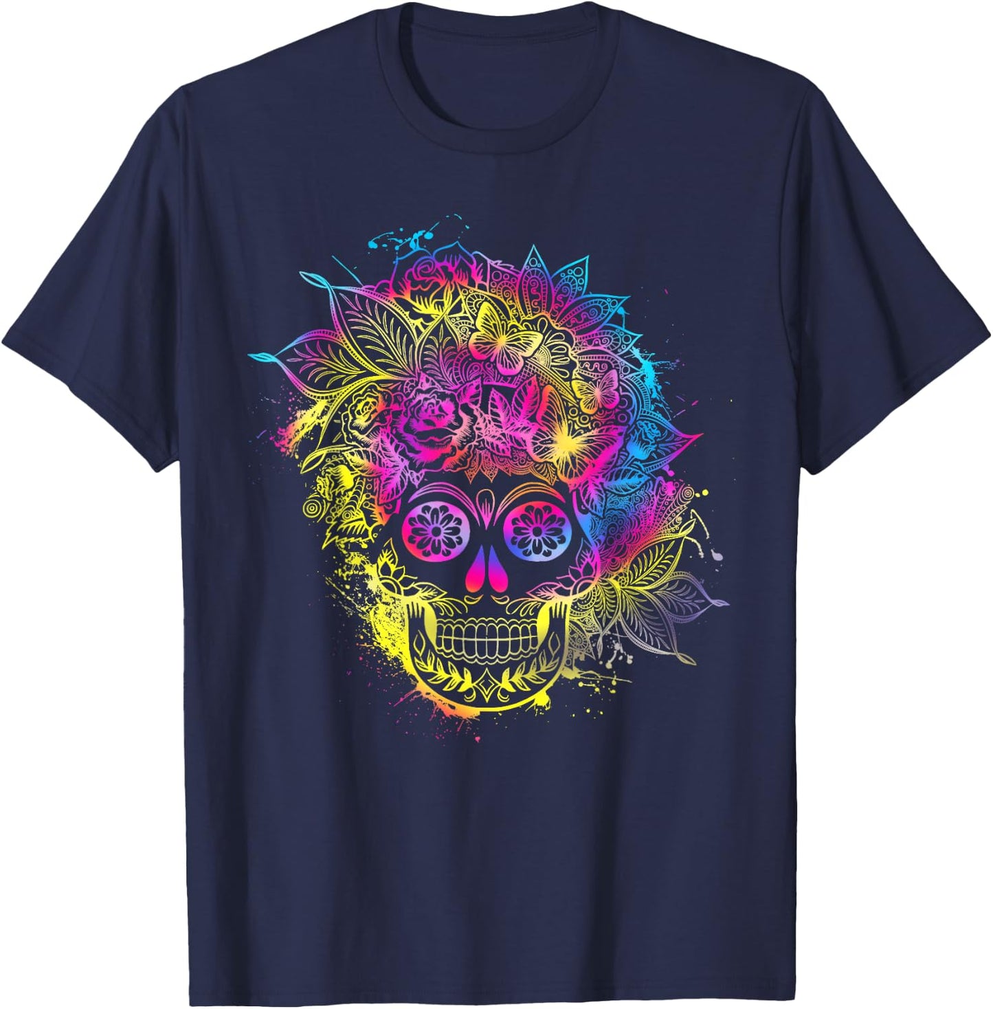 Butterflies Sugar Skull Day of the Dead Dia De Muertos T-Shirt - T-Shirt | Navy