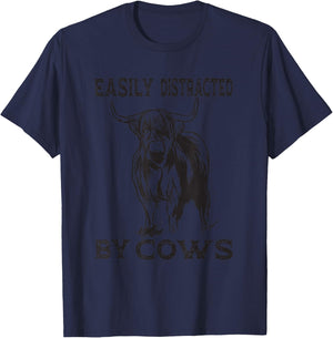 Easily Distracted By Cows Cow Farmer T-Shirt - T-Shirt | Navy