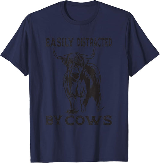 Easily Distracted By Cows Cow Farmer T-Shirt - T-Shirt | Navy