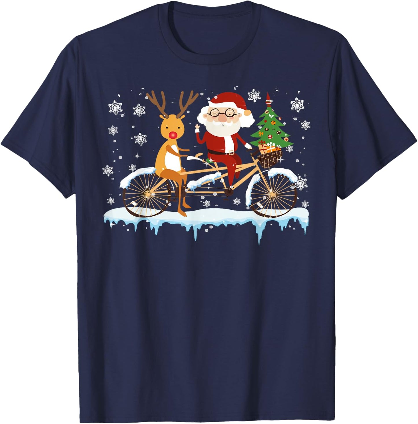 Santa And Reindeer Riding Bicycle Christmas Santa Reindeer T-Shirt - T-Shirt | Navy