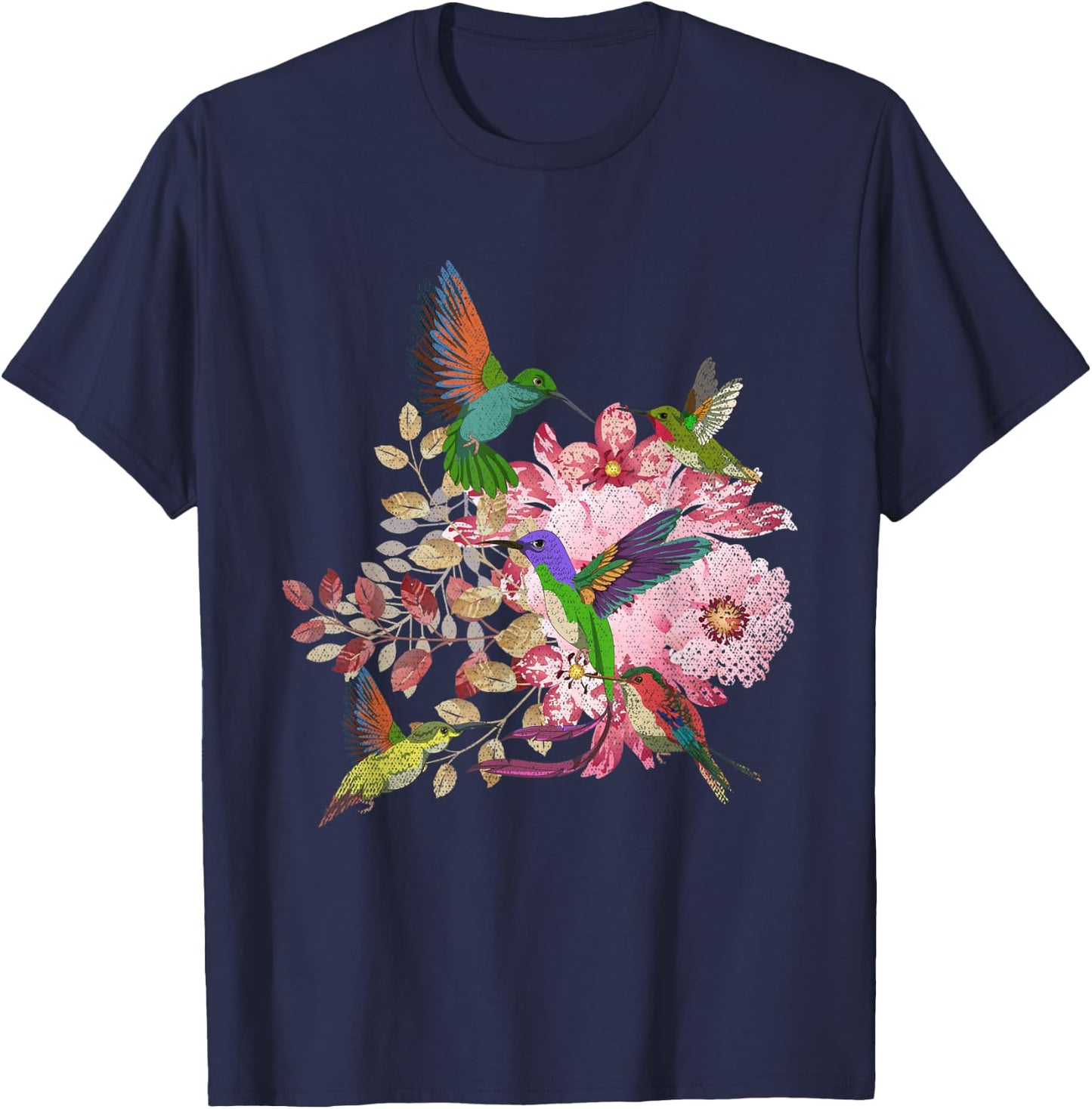 Floral Pretty Bird Flowers Animal Lover Vintage Hummingbird T-Shirt - T-Shirt | Navy