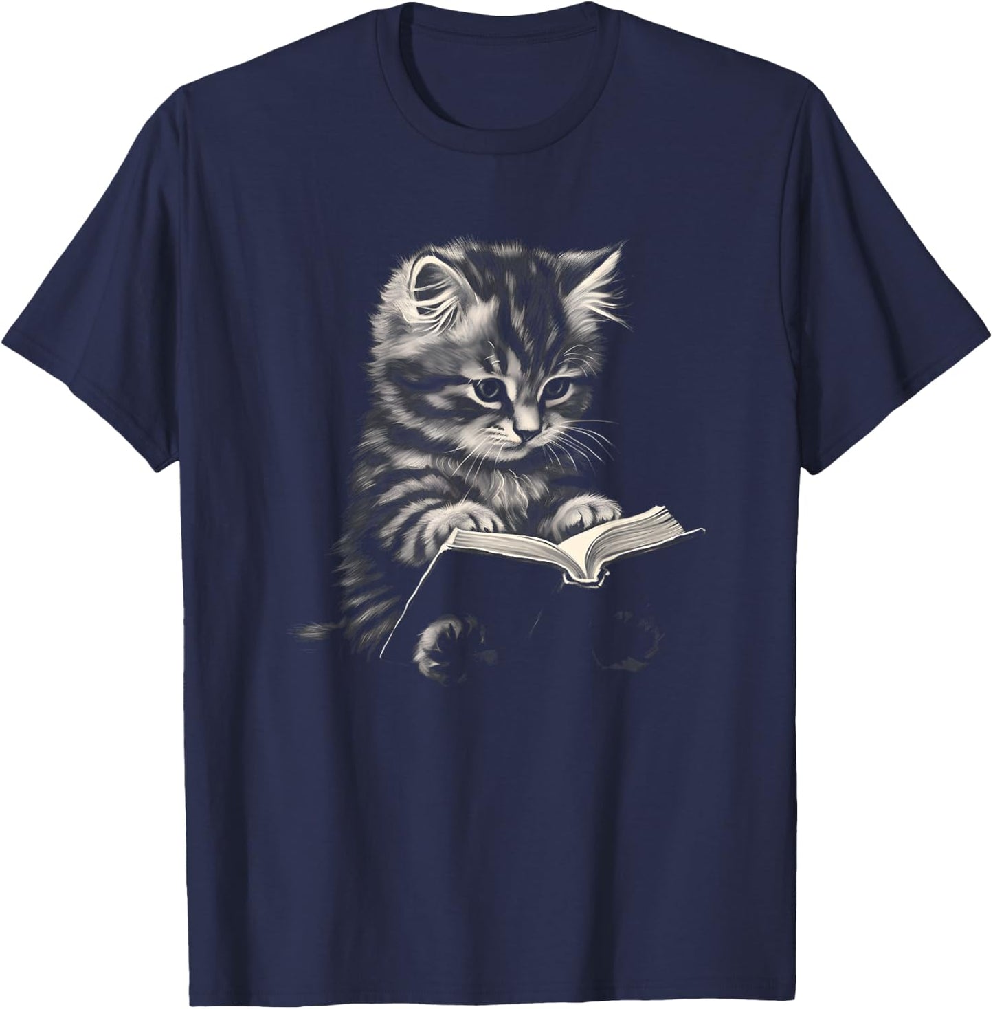 Cute Cat Reading Book Teacher Librarian Cat Lover Book Club Men Women Kids T-Shirt - T-Shirt | Navy