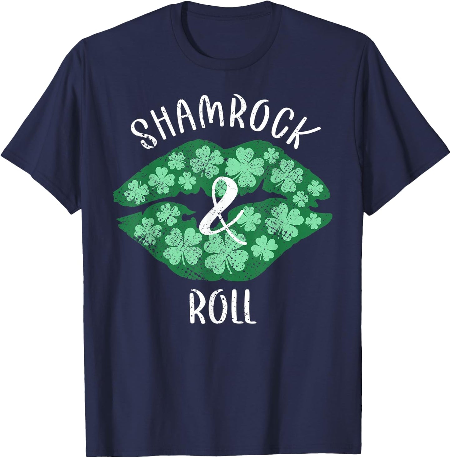 Shamrock & Roll Green Lips St Patrick's Day Vintage T-Shirt - T-Shirt | Navy