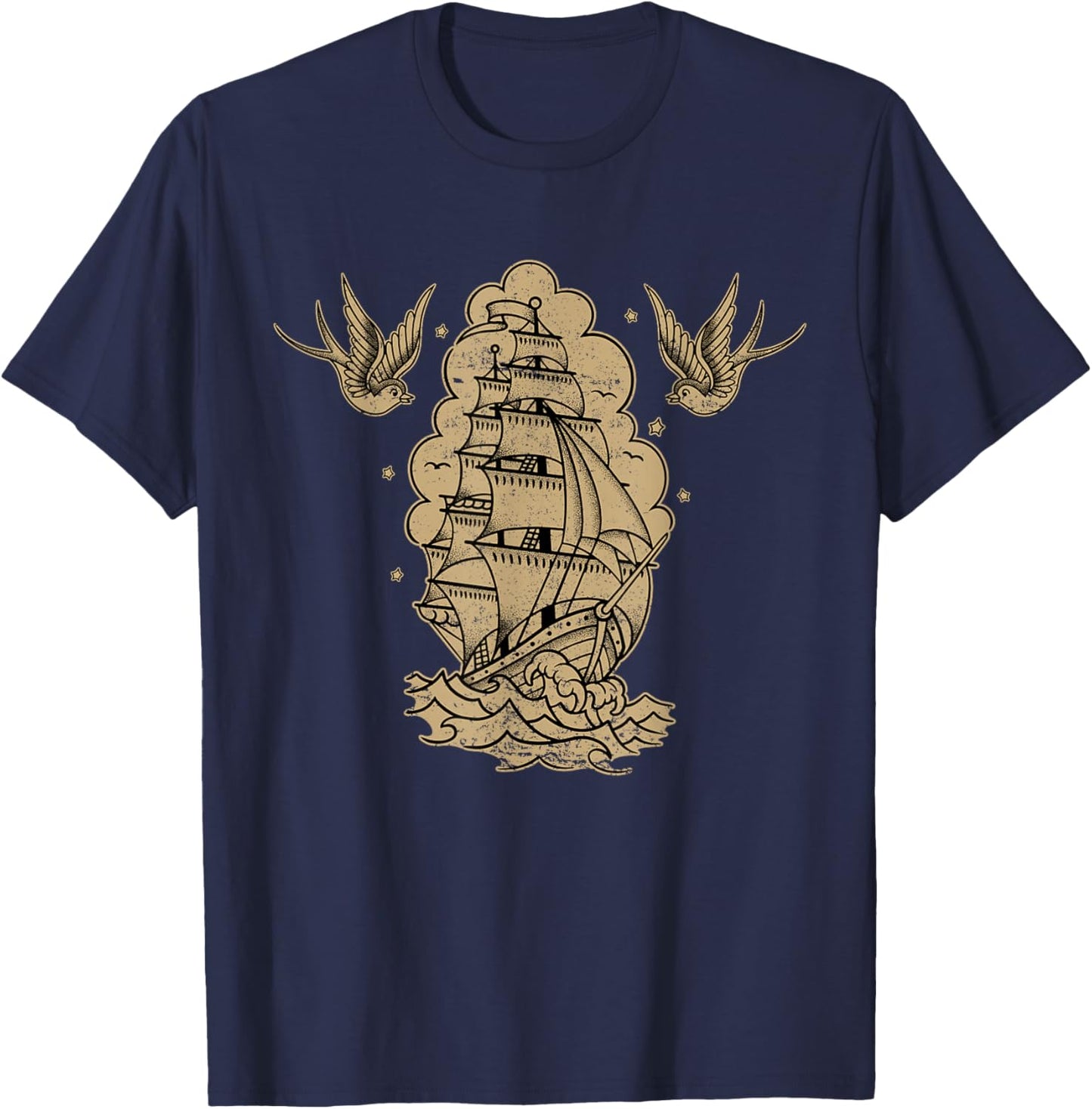 Old School Sailor Tattoo Clipper Ship and Swallows T-Shirt - T-Shirt | Navy