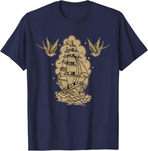 Old School Sailor Tattoo Clipper Ship and Swallows T-Shirt - T-Shirt | Navy