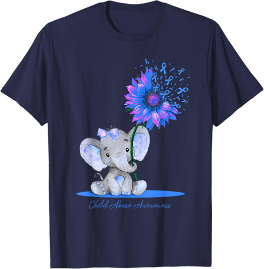 CHILD ABUSE AWARENESS Cute Elephant Sunflower Light Blue T-Shirt - T-Shirt | Navy