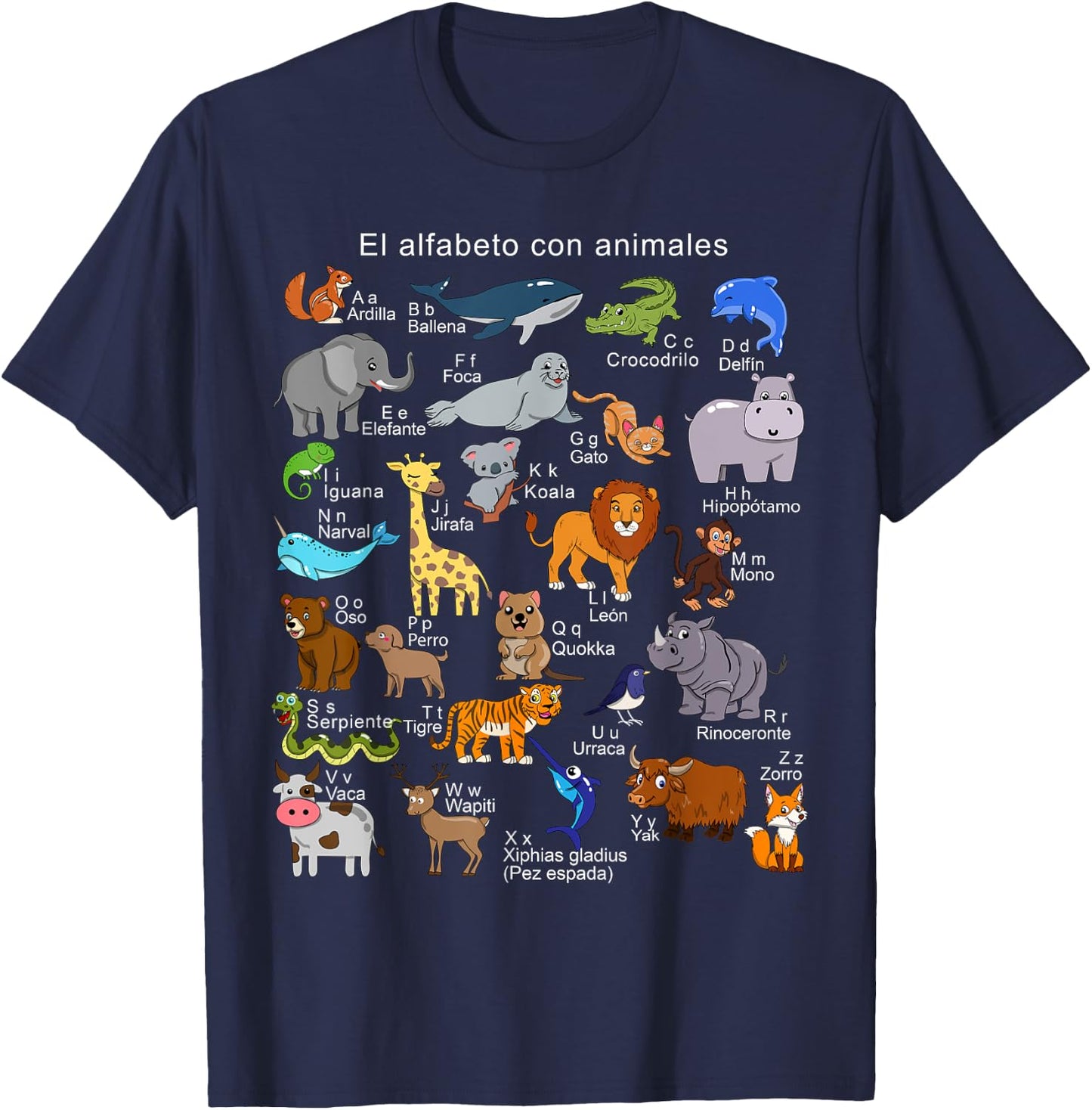Spanish Animals Alphabet A-Z ABC of the Wildlife T-Shirt - T-Shirt | Navy