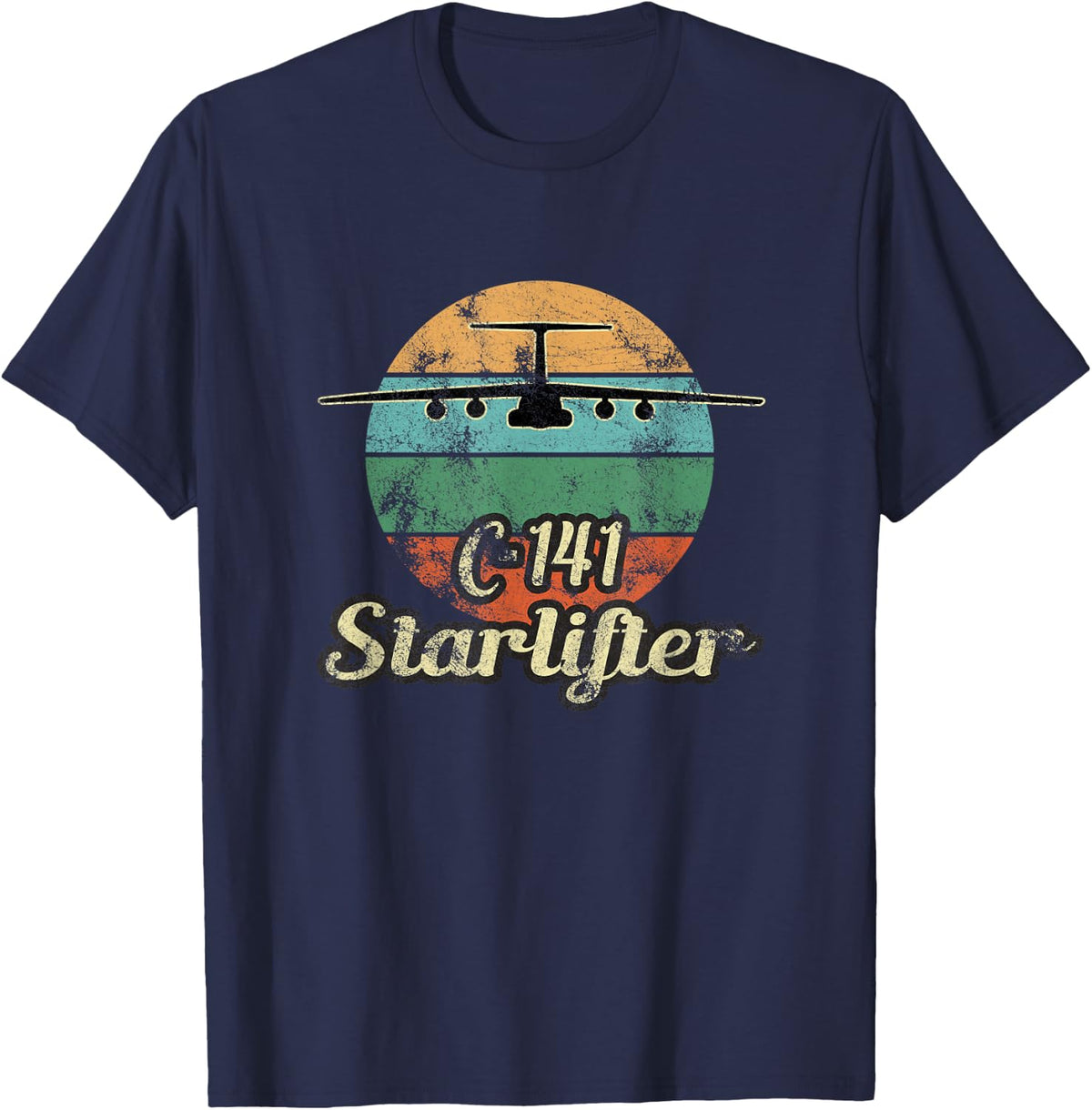 C-141 Starlifter Retro Sunset Airlift Cargo Airplane T-Shirt - T-Shirt | Navy