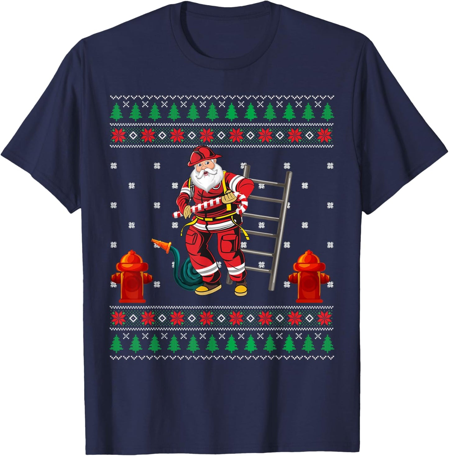 Funny Firefighter Fireman Ugly Christmas Santa Claus Pajama T-Shirt - T-Shirt | Navy