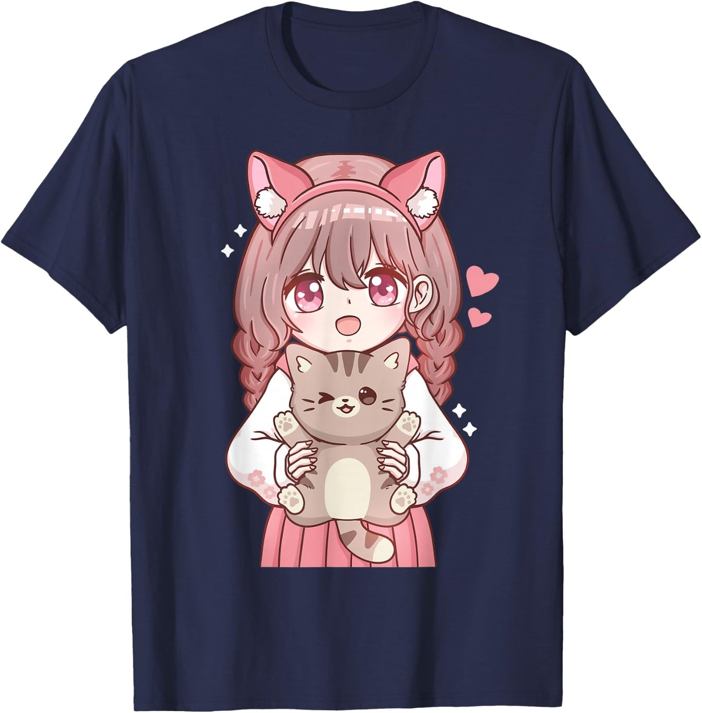 Anime Girl with Cat Kawaii Cat Lover Otaku Small T-Shirt - T-Shirt | Navy