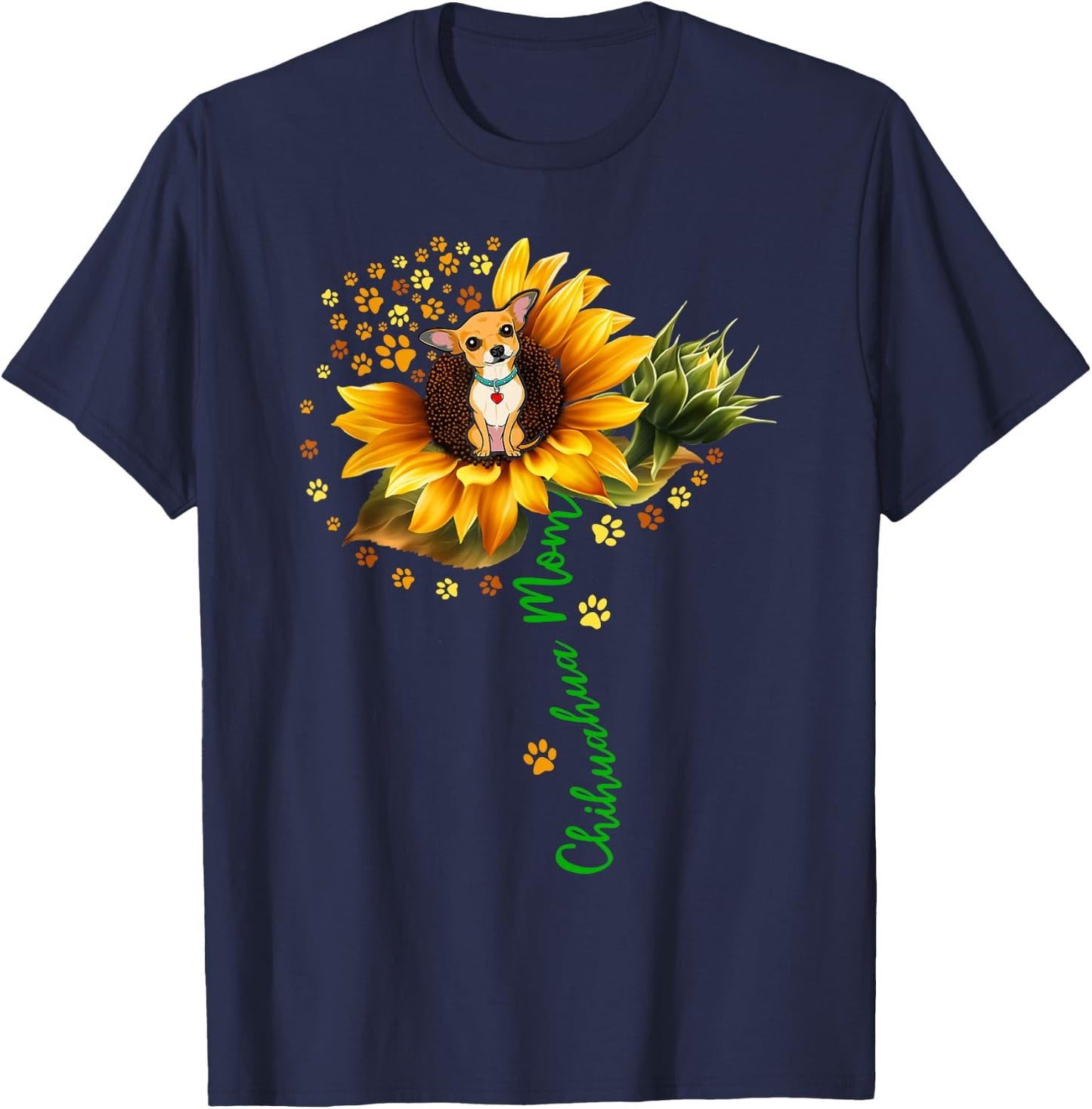Chihuahua Mom Funny Chihuahua On Sunflower Dog Paws Flower Women Girls Kids T-Shirt - T-Shirt | Navy
