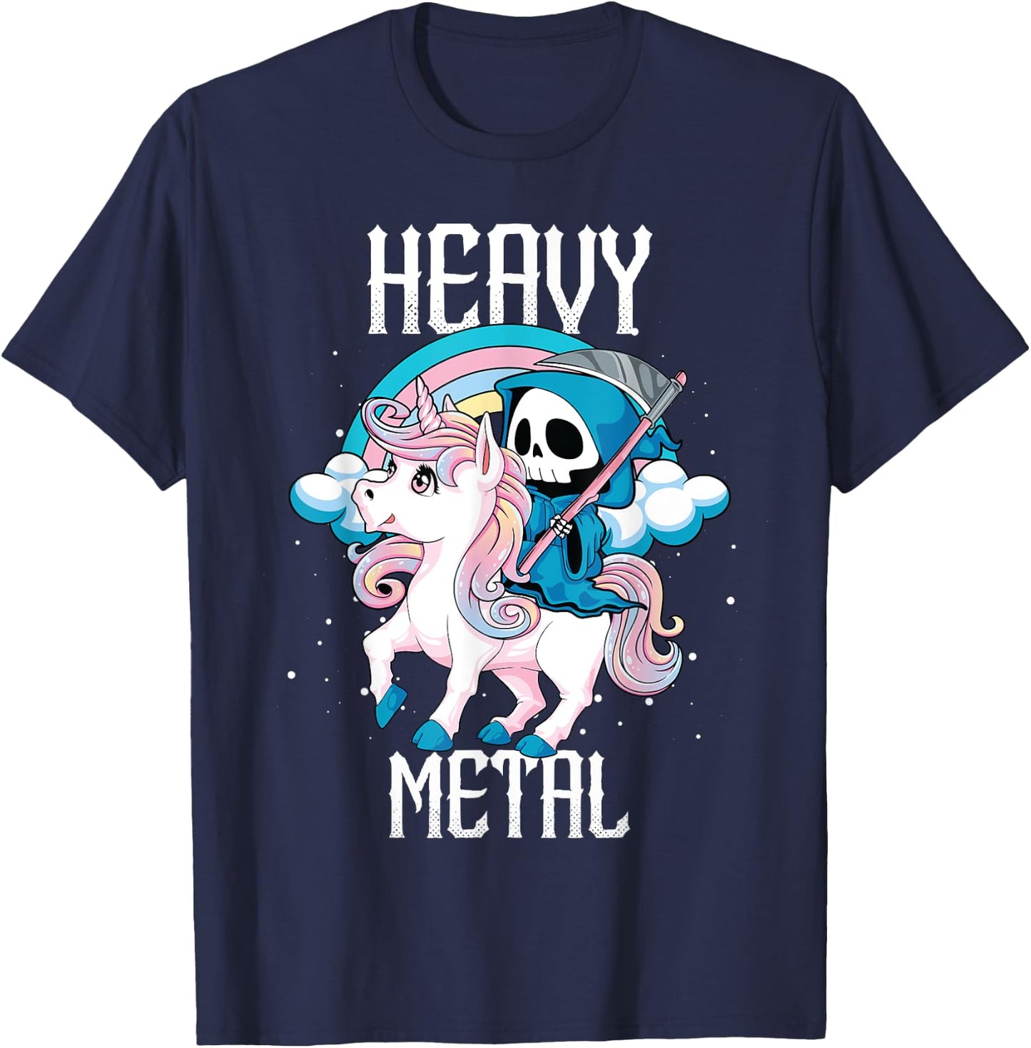 Kawaii Pastel Heavy Metal Rock Rainbow Grim Reaper Unicorn T-Shirt - T-Shirt | Navy