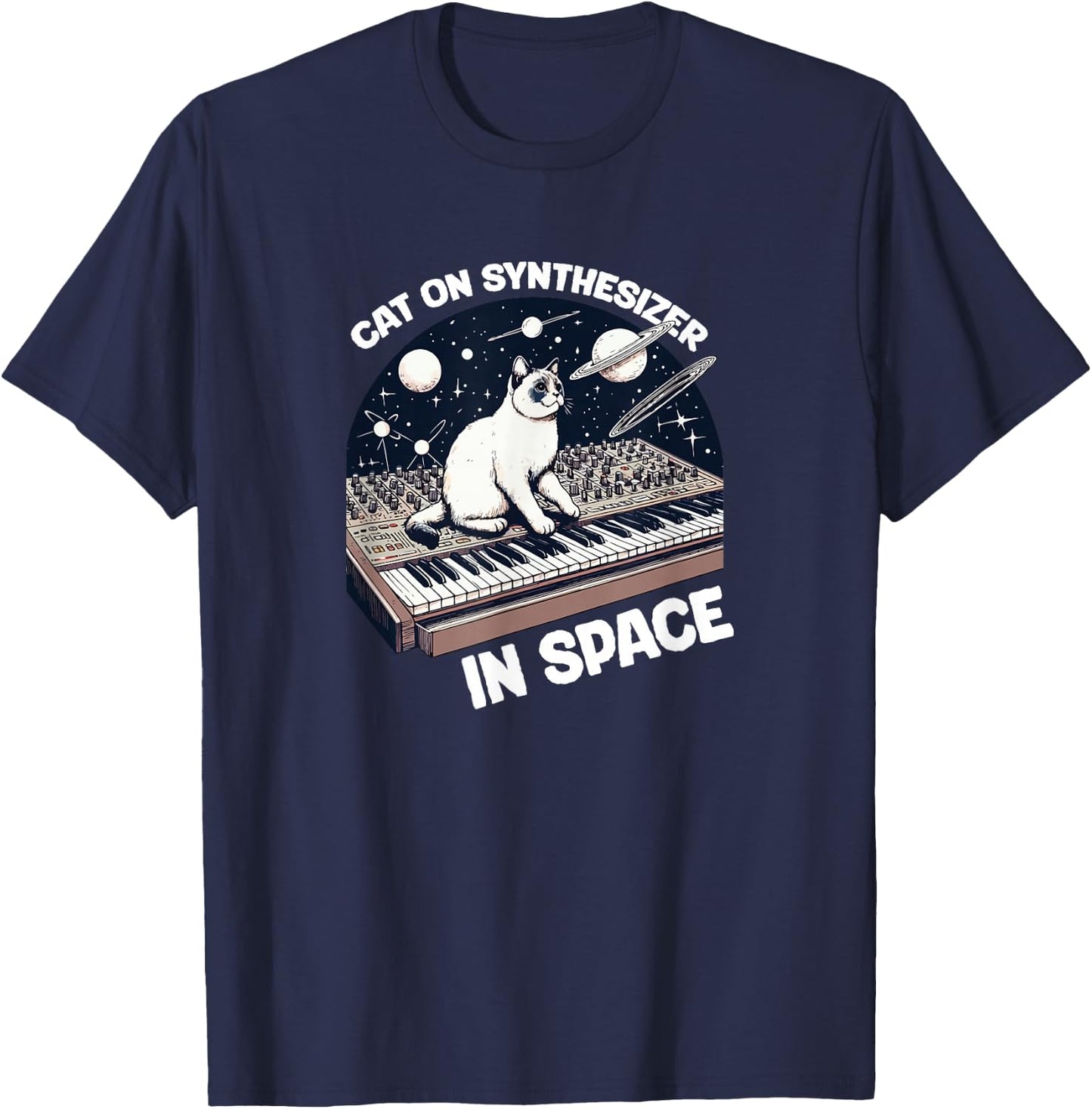 Cat Synthesizer in Space Funny T-Shirt - T-Shirt | Navy