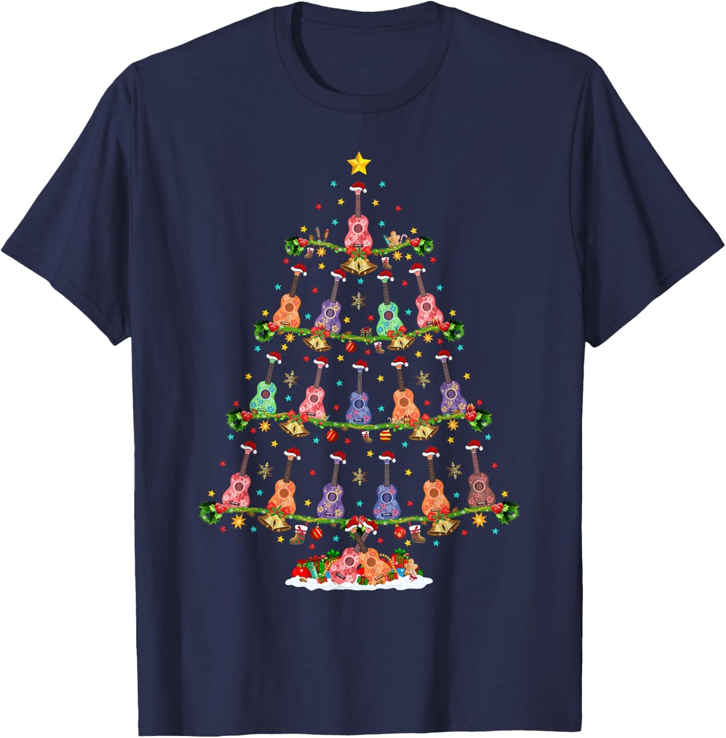 Ukulele Guitar Xmas Lighting Santa Ukulele Christmas Tree T-Shirt - T-Shirt | Navy