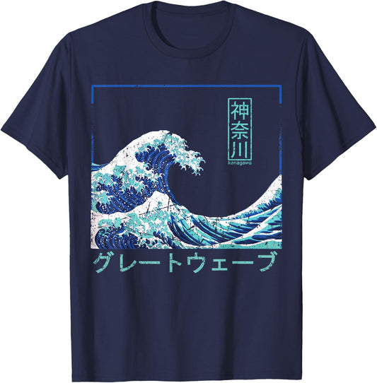 Vintage Asia Great Wave off Kanagawa Japan T-Shirt - T-Shirt | Navy