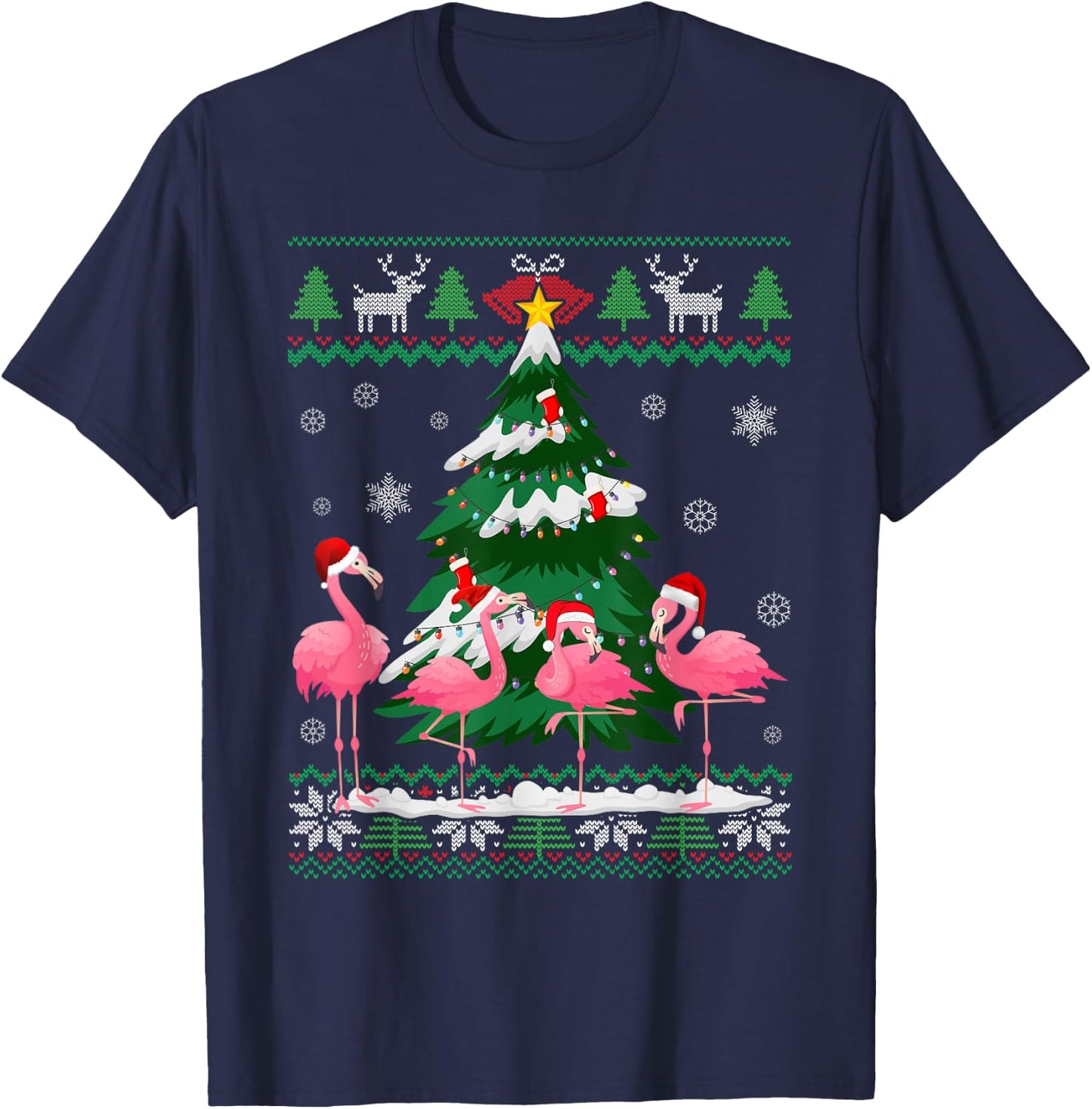 Flamingo Ugly Christmas Sweater Shirt Light Pink Xmas Pajama T-Shirt - T-Shirt | Navy