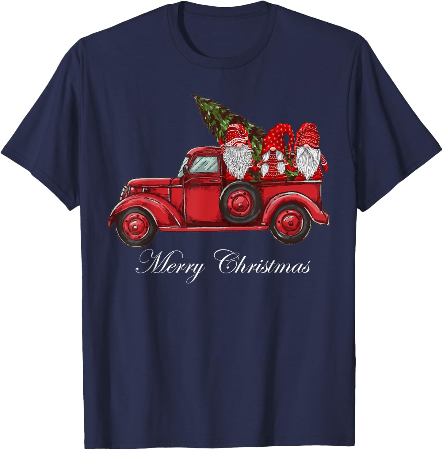 Three Gnomes in Red Truck With Merry Christmas Tree T-Shirt - T-Shirt | Navy