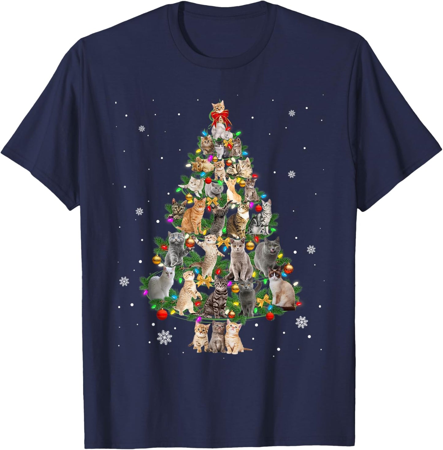 Meowy Xmas Cats Christmas Tree Lights Snow Kitten Funny Gift T-Shirt - T-Shirt | Navy